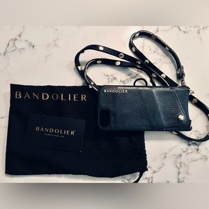 Bandolier Sarah Crossbody IPhone case. Black leather, gold trim.